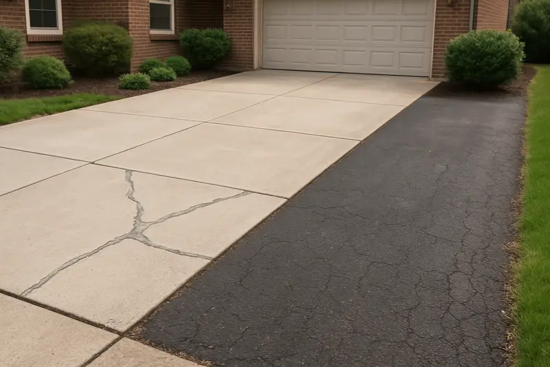 Comparison of concrete and asphalt driveway cross-sections highlighting material differences.