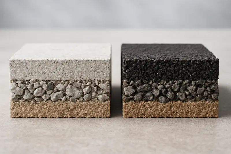 Comparison of concrete and asphalt driveway cross-sections highlighting material differences.